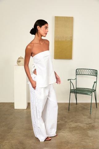 ERMMANO WHITE EMBROIDERED LINEN PANT