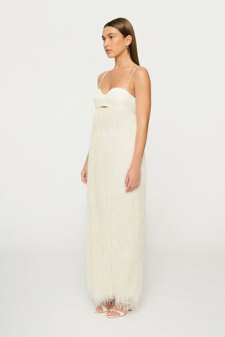 SELENE FRINGE LONGLINE DRESS PARCHMENT