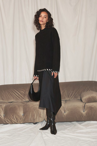 WOOL CASHMERE HAND LACED RIBBED CREW