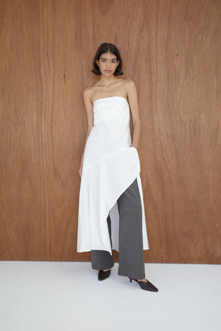 OXFORD STRAPLESS ASYMM DRESS