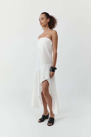 OXFORD STRAPLESS ASYMM DRESS