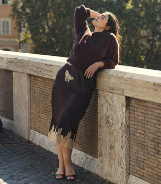 ELOWEN SKIRT - EQUESTRIAN BROWN WITH CREAM LACE