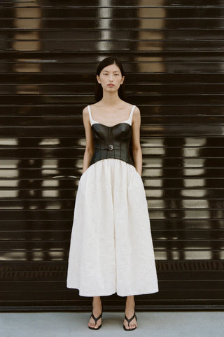 CORTLAND BELTED BUSTIER MIDI DRESS